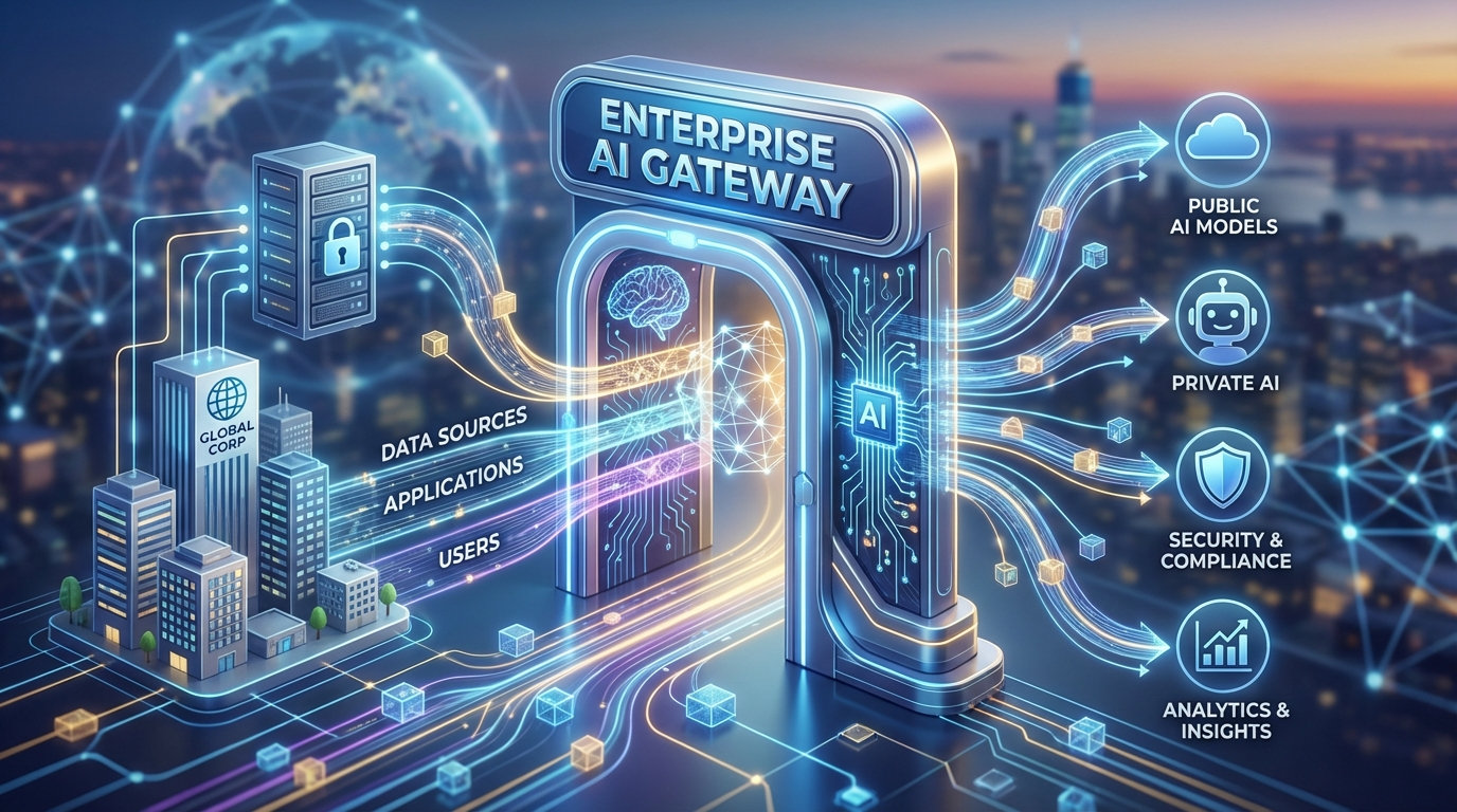 Enterprise AI Gateway connecting data sources, applications, and users to AI models