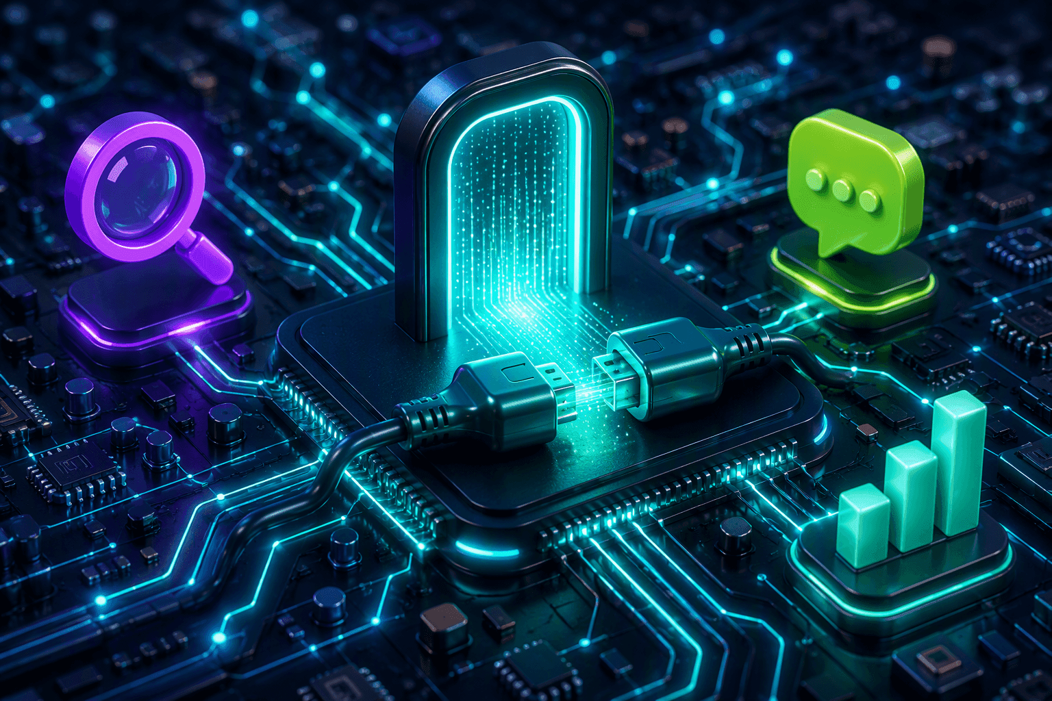 A circuit board with a glowing portal on the central chip and two connectors clicking together in front of it, representing a drop-in gateway swap for the AI SDK