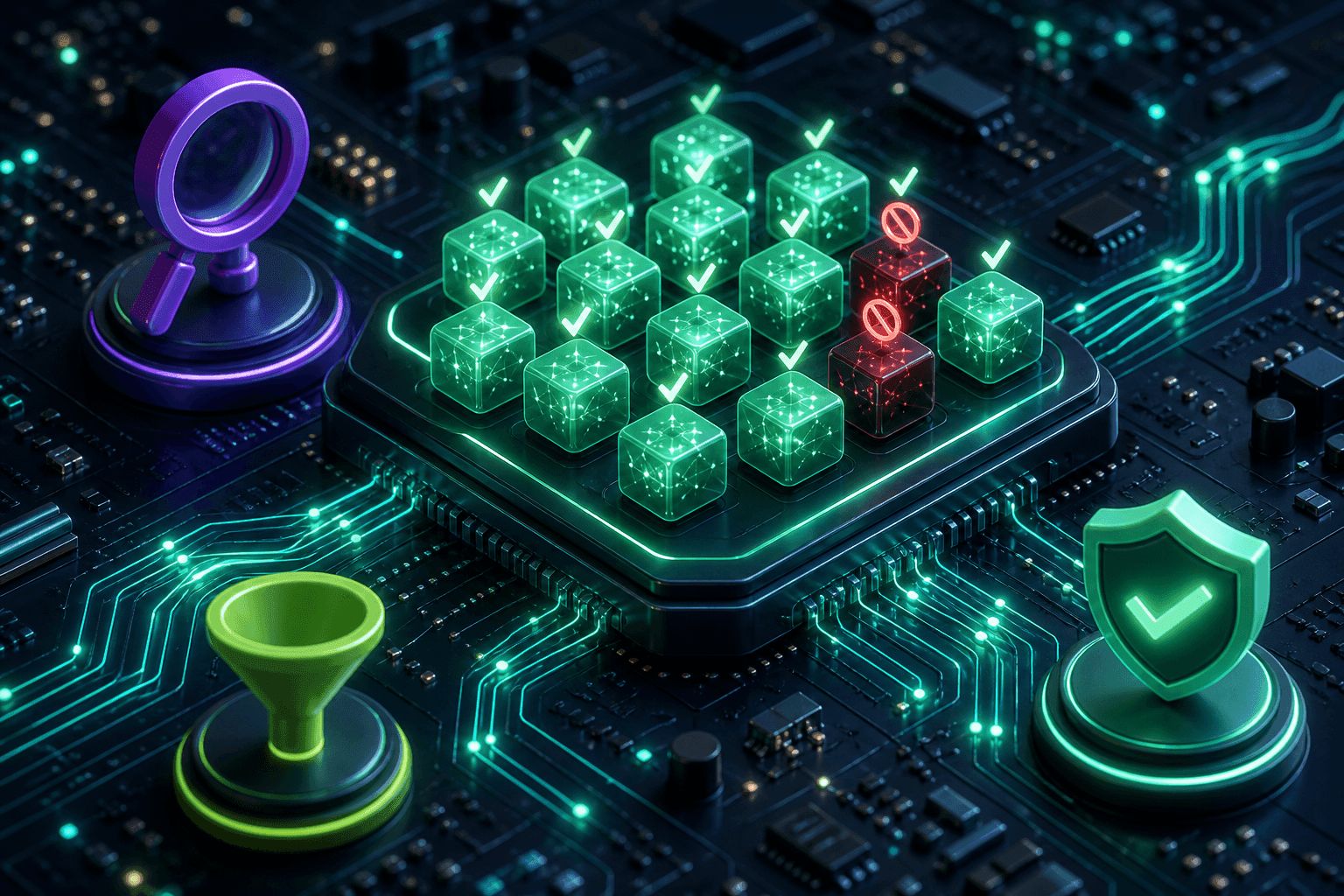 A glowing model catalog grid on a circuit-board chip with allowed and blocked model tiles, representing the org models directory with compliance eligibility