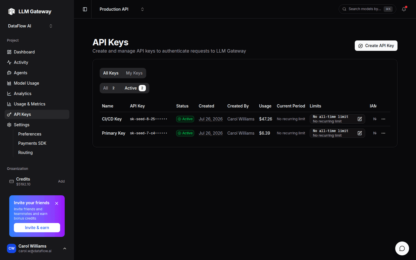 LLM Gateway API keys management