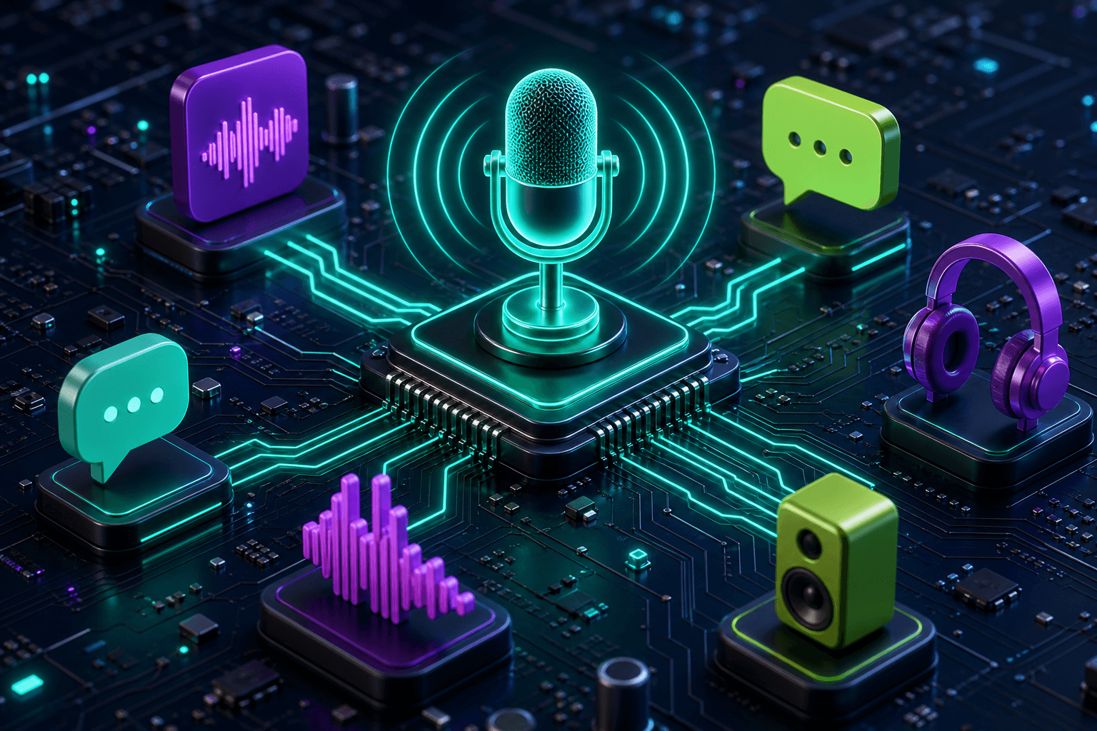 A glowing microphone on a circuit-board chip surrounded by sound waves and audio icons, representing the LLM Gateway realtime voice API