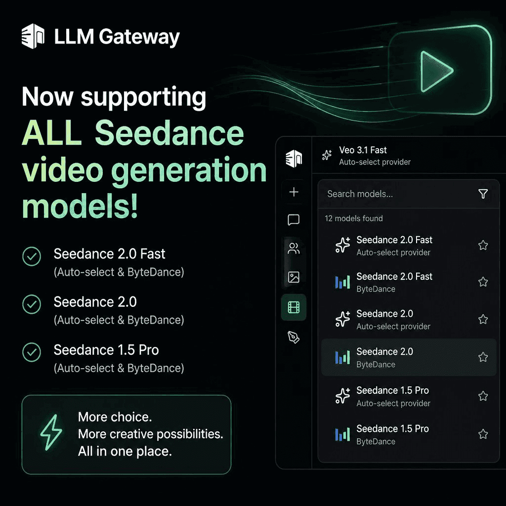 LLM Gateway now supports all ByteDance Seedance video generation models