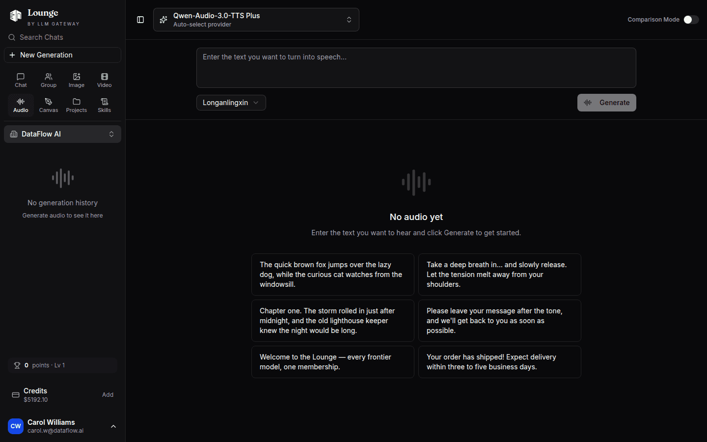 Lounge Audio Studio generating speech from text