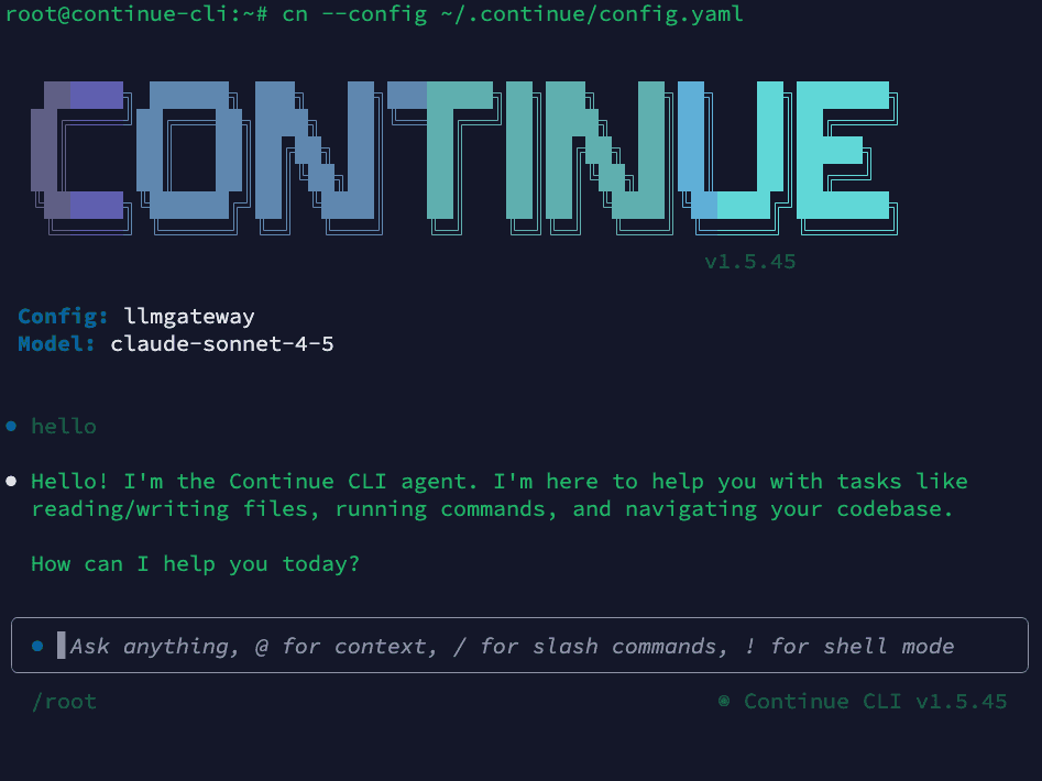 Continue CLI running with LLM Gateway