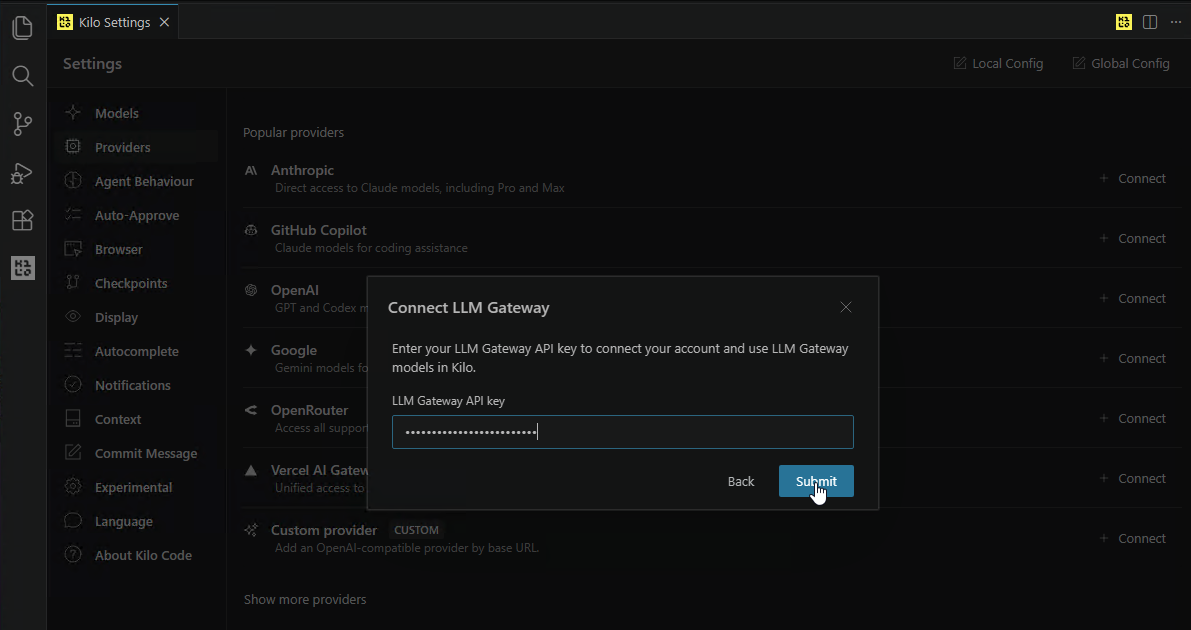 Connect LLM Gateway — enter API key