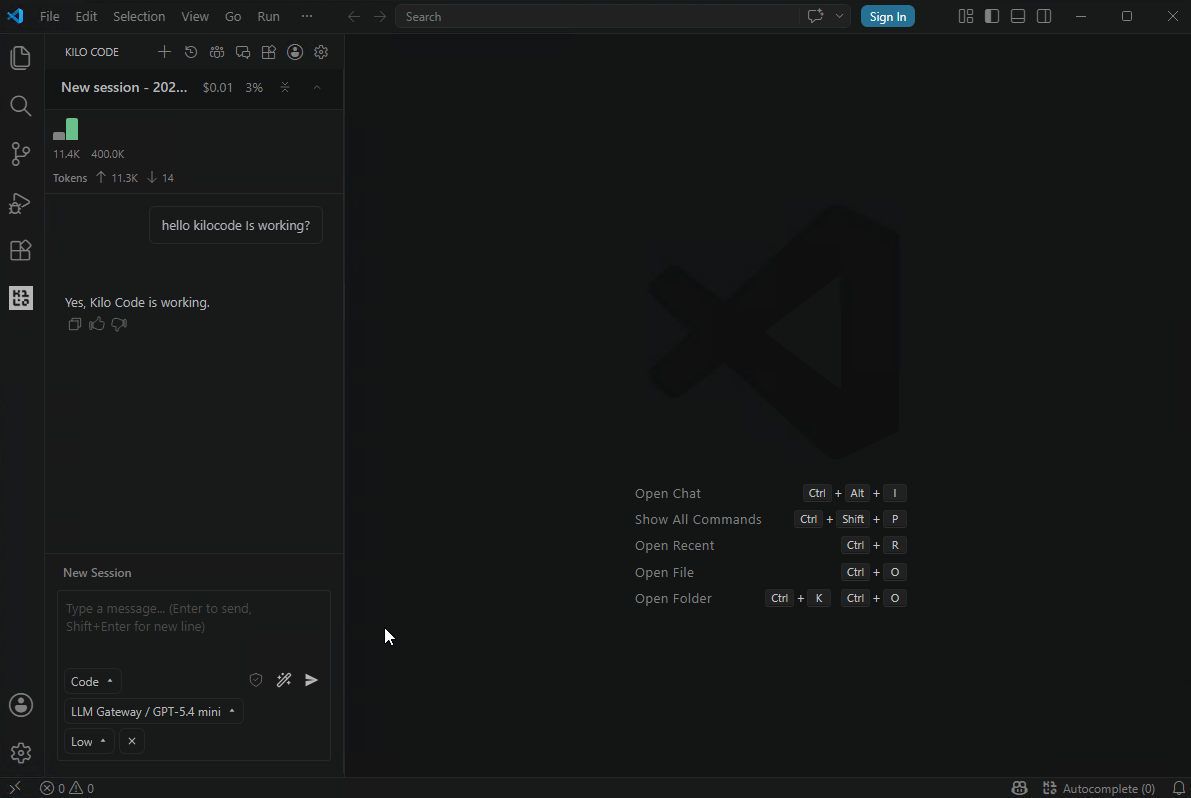 Kilo Code chat active with LLM Gateway
