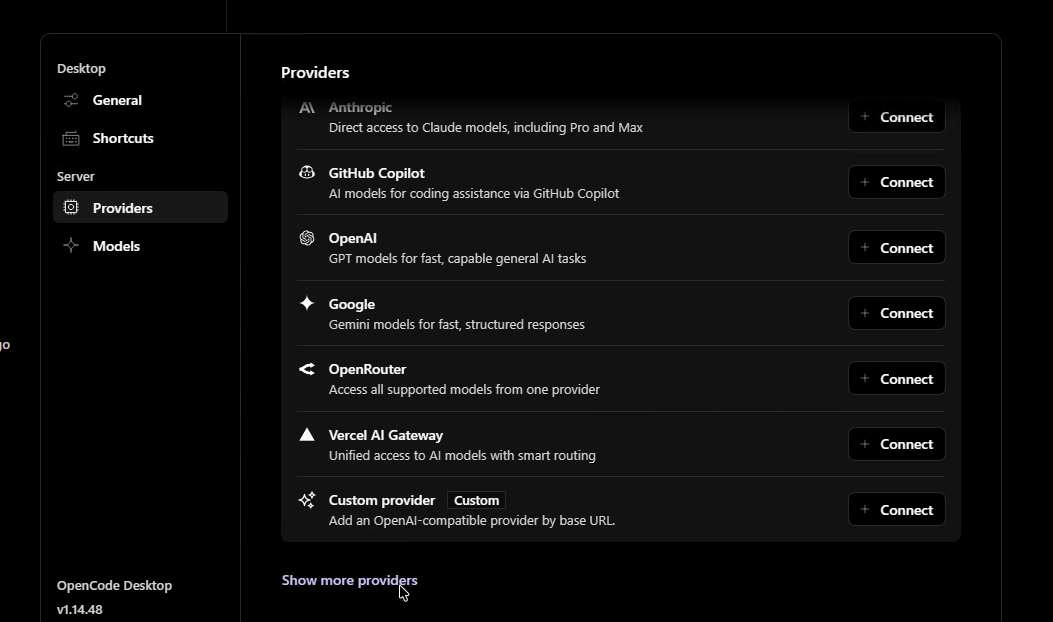 OpenCode Desktop Providers screen
