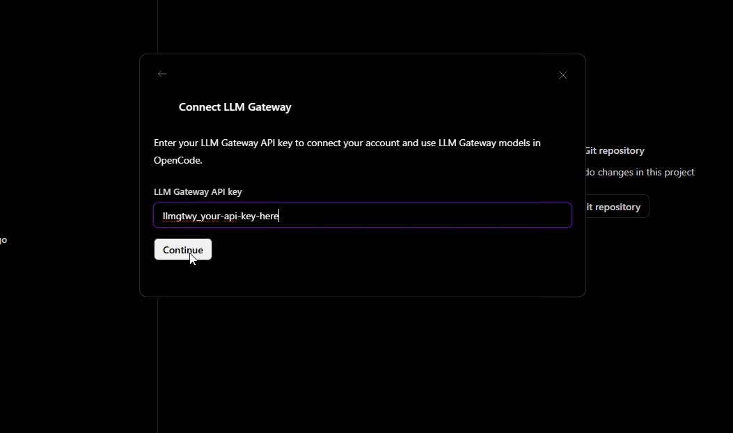 Connect LLM Gateway — enter API key